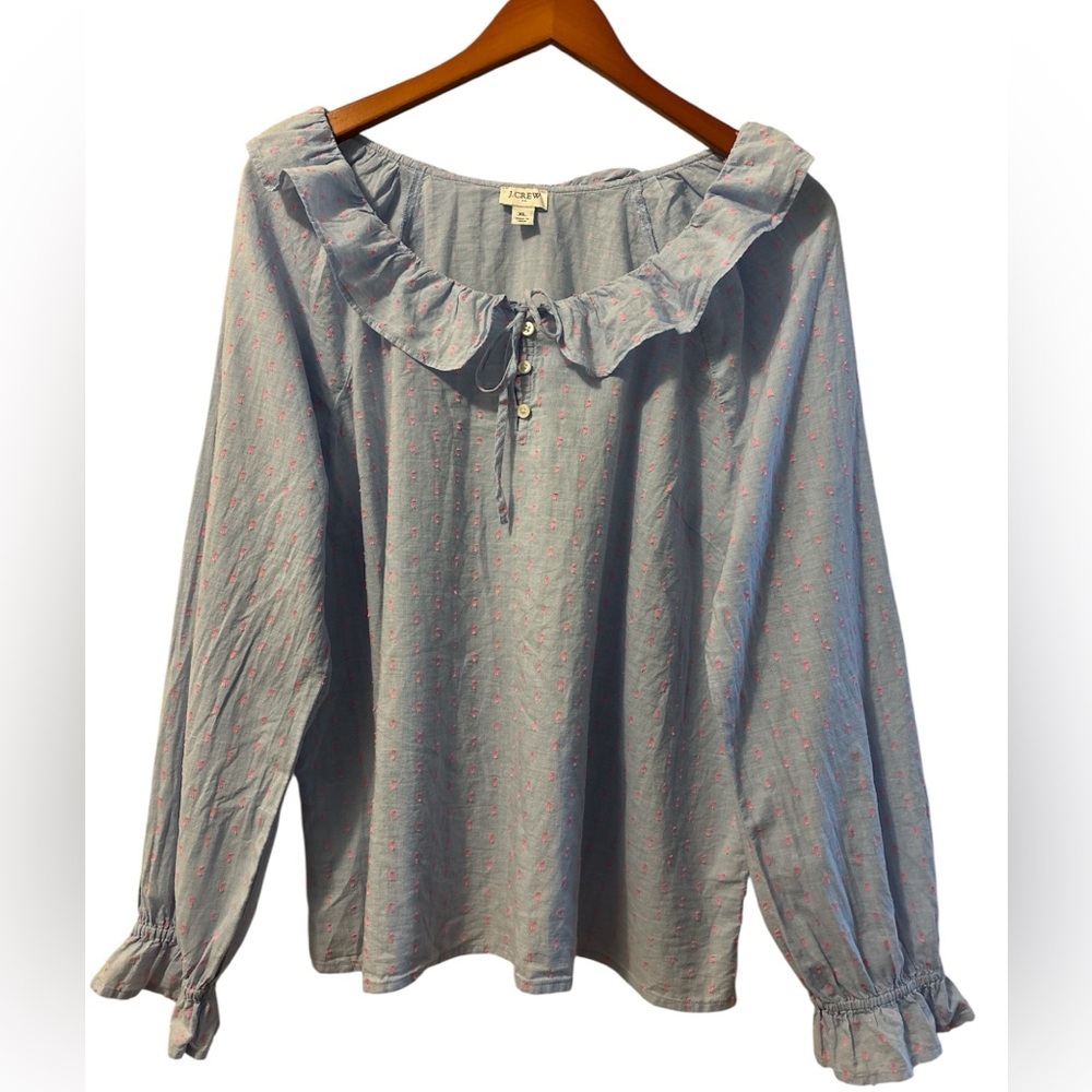 J. Crew Blue Ruffle Neck Blouse